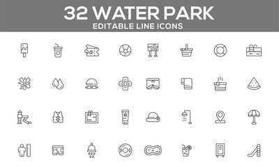 32 Editable Water Park Line Icons for Summer Fun, Pool Activities, and Aquatic Adventures