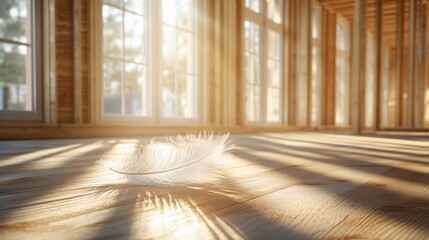 Feather on wooden floor symbolizes lightweight modular construction. Timber framing