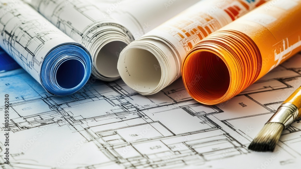 Poster table with blueprint and paint samples, close-up, selection process for new home color concept