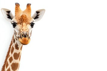 Obraz premium Close-up portrait of a giraffe showcasing unique patterns and expressive eyes against a white background.