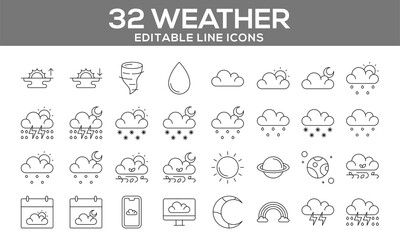32 Editable Weather Line Icons for Forecasting, Seasons, and Climate Illustrations
