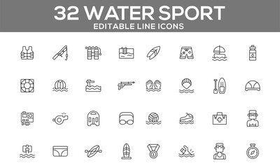 32 Editable Water Sport Line Icons for Aquatic Activities, Adventure Gear, and Beach Fun