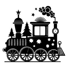 Christmas Victorian vintage Steam Engine black silhouette vector illustration