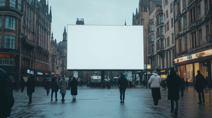 Blank white billboard in a city center, large enough for a 12-sheet ad, with buildings and pedestrians visible around it