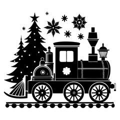 Fototapeta premium Christmas Victorian vintage Steam Engine black silhouette vector illustration