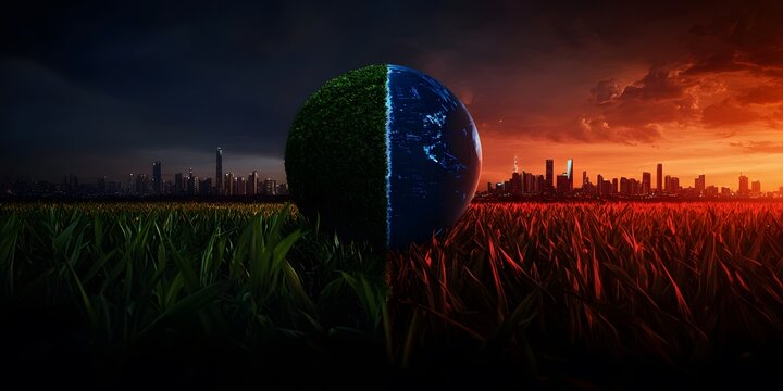 A half-lit globe in a field, representing day and night.