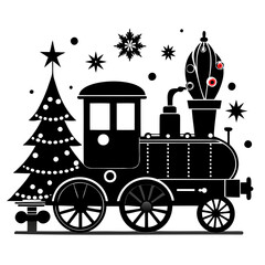 Christmas Victorian vintage Steam Engine black silhouette vector illustration