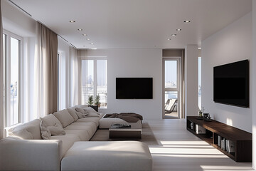 Minimalist modern interior design bright apartment with an open plan in Scandinavian style