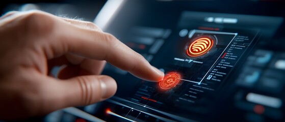 Secure Futuristic Dashboard with Biometric Scans and Encryption Controls   High tech security interface with glowing neon lights digital data protection and cybersecurity features