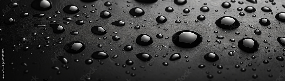 Poster the image is a close up of a black surface with many small drops of water on it