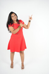 Woman Surprise Emotion, woman, face, hand sign up side, showing advertisement finger pointing, isolated over white background.