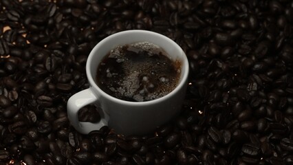 Top view of coffee or espresso with piles of coffee beans. Close up of fresh roasted coffee bean scatter around wooden table with cup of americano and aromatic stream and smoke from seed. Comestible.