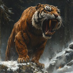 Lonely Saber-toothed tiger on tree