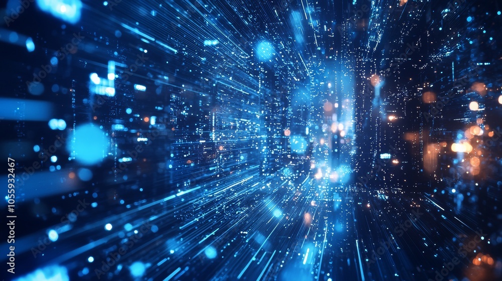 Poster abstract digital data stream with blue particles and light trails