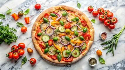 to view of veggie pizza on marble Background