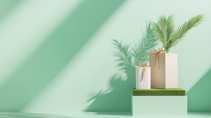 Elegant gift boxes with palm leaves displayed against a mint green backdrop, creating a fresh and vibrant atmosphere