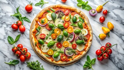 to view of veggie pizza on marble Background