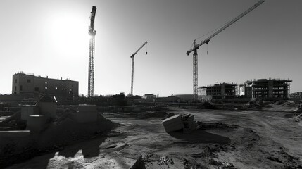 Construction site with tower cranes and materials, set against a clear sky, signaling the beginning of a large building project