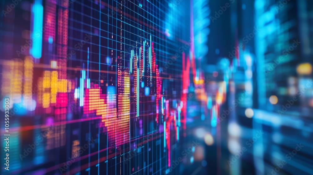 Poster neon digital financial data graph with bright pixels on dark background