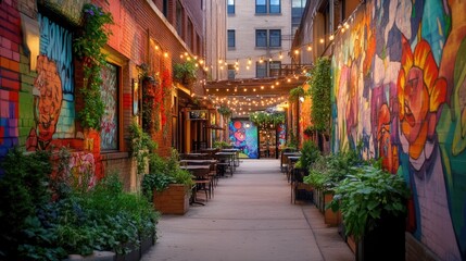 Fototapeta premium A charming urban alleyway with colorful murals and greenery, featuring outdoor dining areas, twinkling lights, and unique architectural details.