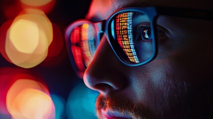 Close-up of man analyzing financial data reflected in glasses