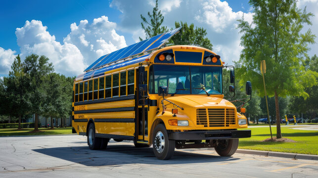 Solar-Powered School Bus on a Scenic Route Promoting Renewable Energy in Education - Powered by Adobe