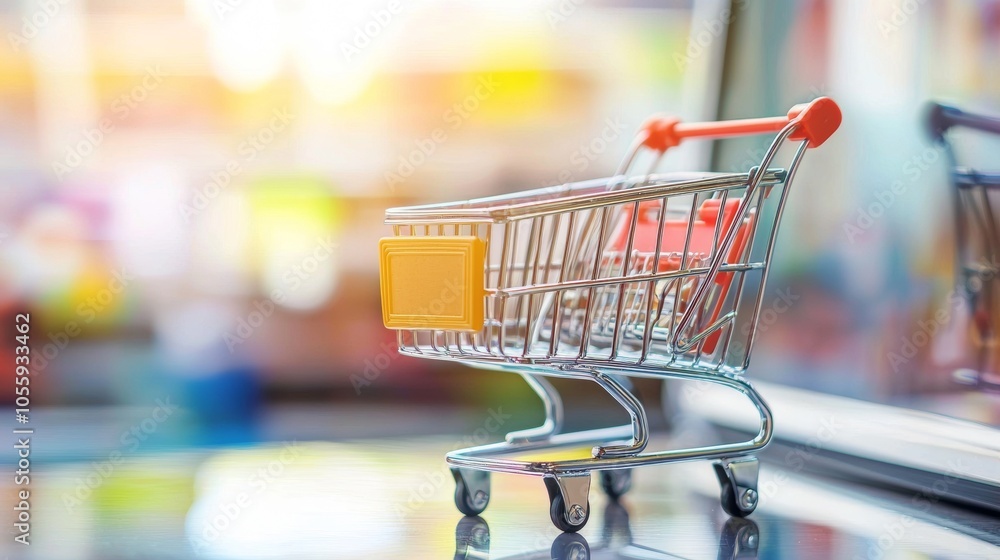 Aufkleber mini shopping cart on reflective surface in soft focus store setting