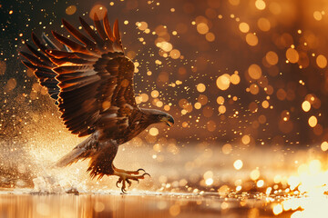 An eagle hunts over the water.