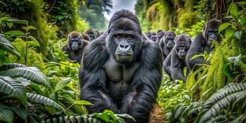 Obraz premium Silverback Gorilla Leading Troop Through Lush Jungle - Wildlife Photography