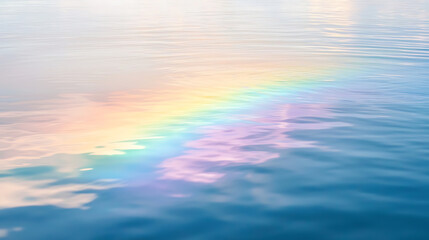 Serene water reflection of a colorful rainbow