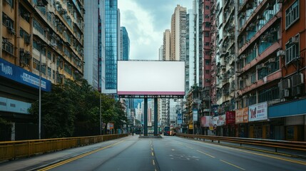 Empty billboard on a commercial street, surrounded by high-rise buildings, creating perfect urban advertising space