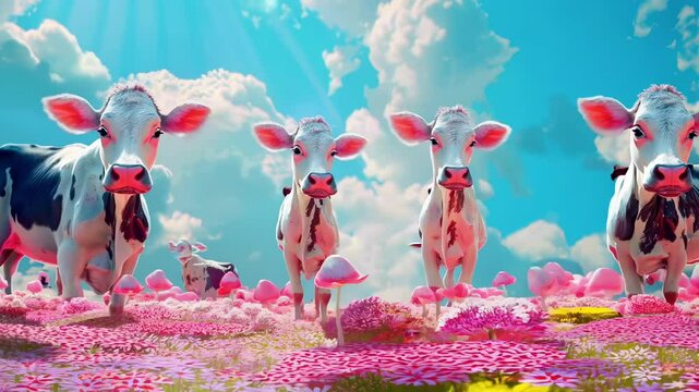 Surreal cows in a whimsical meadow with pink mushrooms and flowers under blue sky. Surrealism, fantasy, retro futurism