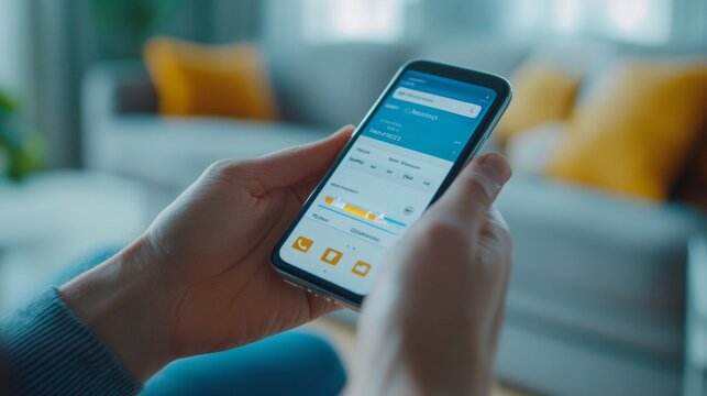 Close-up of a person's hands holding a smartphone. The phone screen displays an app with blue and white graphics, potentially a mobile banking application.