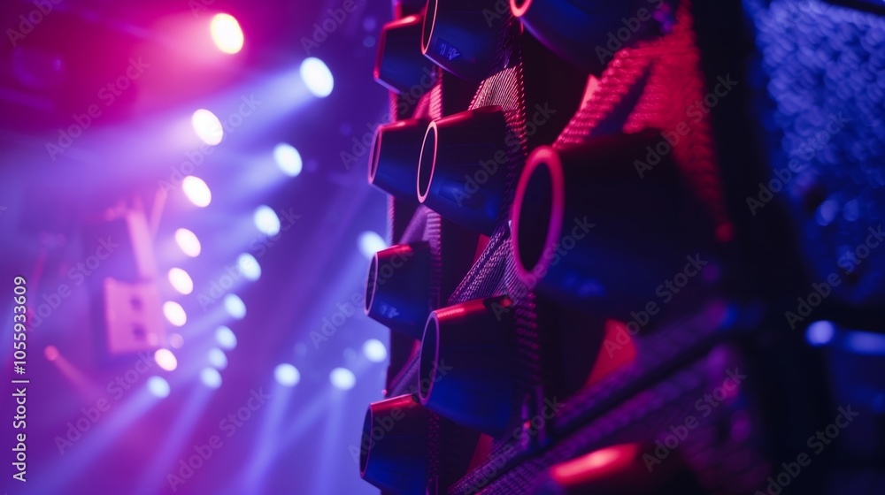 Poster vibrant stage lights illuminate powerful audio equipment at a concert, creating an electrifying atmo