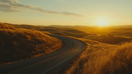 Winding Road Through Golden Grassy Hills at Sunset