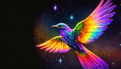 Obraz premium bird of paradise in flight with sparkles and rainbow colors