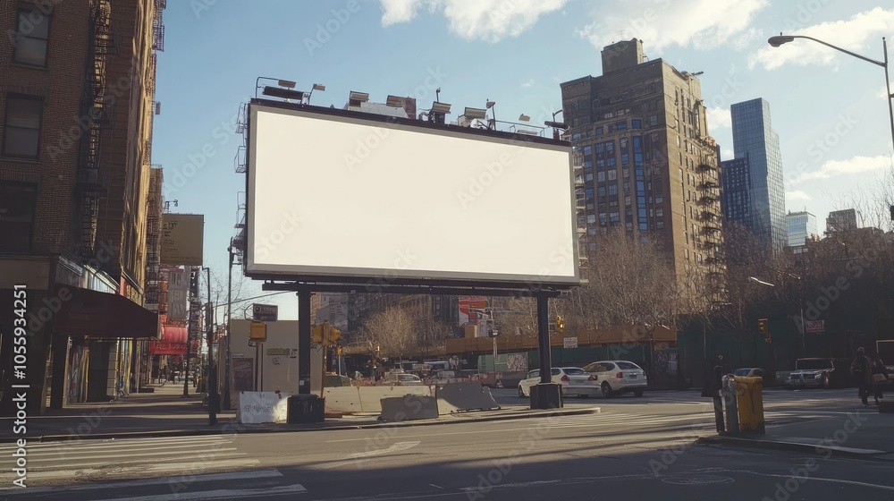 Poster horizontal blank digital billboard in a downtown setting, ideal for ooh media, with urban architectu