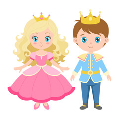 A girl and a boy are dressed up as princess and prince. The girl is wearing a pink dress and the boy is wearing a blue suit