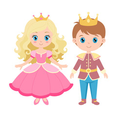 A girl and a boy dressed in princess and prince costumes. The girl is wearing a pink dress and the boy is wearing a blue suit