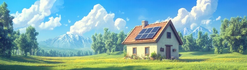 Obraz premium Eco-friendly house with solar panels in a lush green landscape, sunny day, blue sky, serene environment.