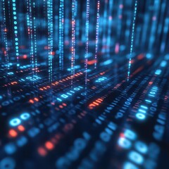 Fototapeta premium Futuristic binary code streams flowing in a digital space, representing data transfer and technology.