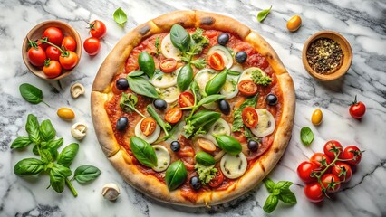 to view of veggie pizza on marble Background