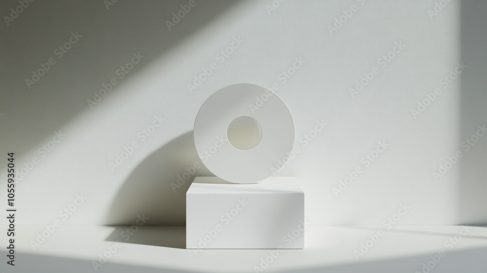 Poster White Circle on a White Cube Against a White Wall with Shadows