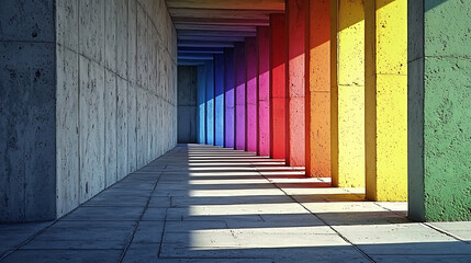 Vibrant rainbow pillars casting colorful shadows in a corridor