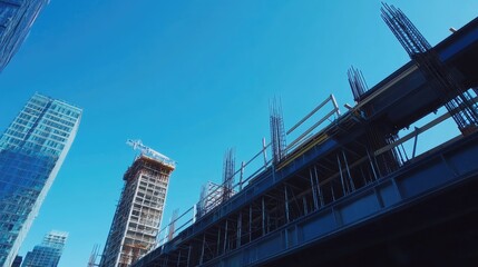 Obraz premium Modern construction site with visible steel framework and equipment, clear blue sky overhead, space for a new high-rise