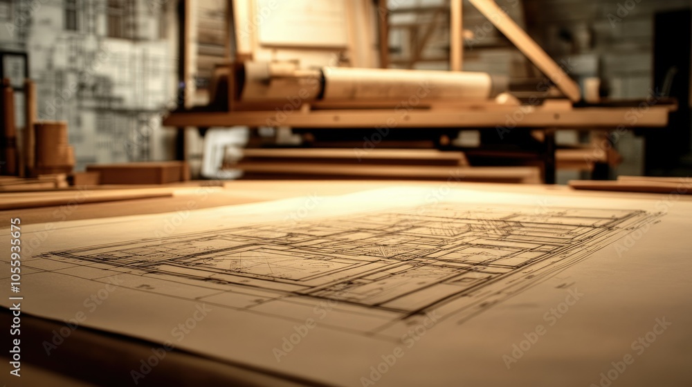 Poster paint color palette and architectural blueprints, drafting table setting, focus on home interior des