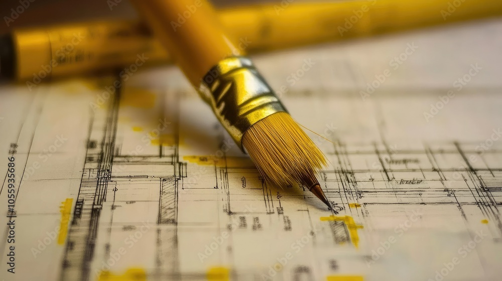 Poster paint color palette and architectural blueprints, drafting table setting, focus on home interior des