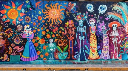 Colorful Day of the Dead Mural with Skeletons and Marigolds for Cultural Celebrations and Design Inspiration