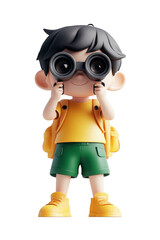 A curious boy in bright yellow and green attire exploring nature with binoculars on a sunny day