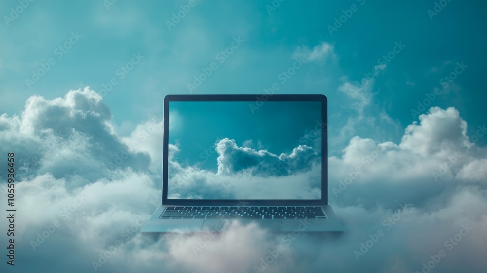 Poster laptop floating among clouds symbolizing cloud computing